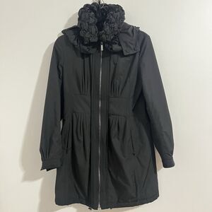 Elie Tahari Soft Shell Parka Jacket Size S Black Performance Ruched Neck Hooded